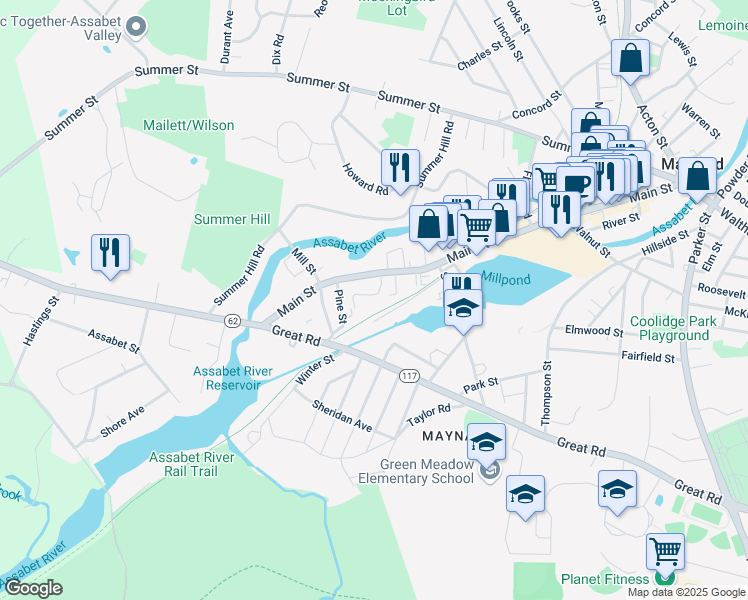 map of restaurants, bars, coffee shops, grocery stores, and more near 8 Spring Ln in Maynard