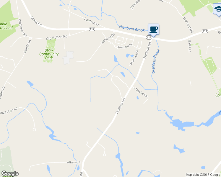 map of restaurants, bars, coffee shops, grocery stores, and more near 24 Arbor Glen Drive in Stow