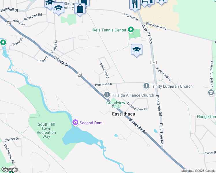 map of restaurants, bars, coffee shops, grocery stores, and more near 117 Honness Lane in Ithaca