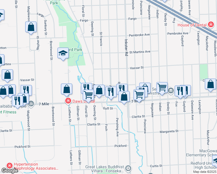 map of restaurants, bars, coffee shops, grocery stores, and more near 19215 Antago Street in Livonia