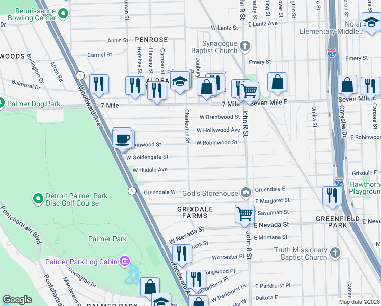 map of restaurants, bars, coffee shops, grocery stores, and more near 250 West Goldengate Street in Detroit