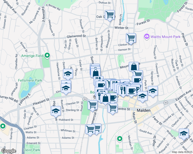 map of restaurants, bars, coffee shops, grocery stores, and more near 71 Summer Street in Malden