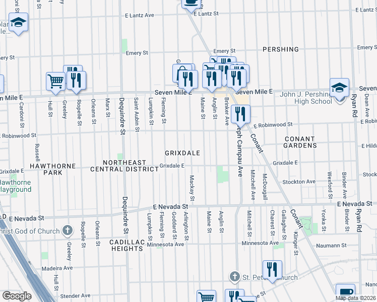 map of restaurants, bars, coffee shops, grocery stores, and more near in Detroit