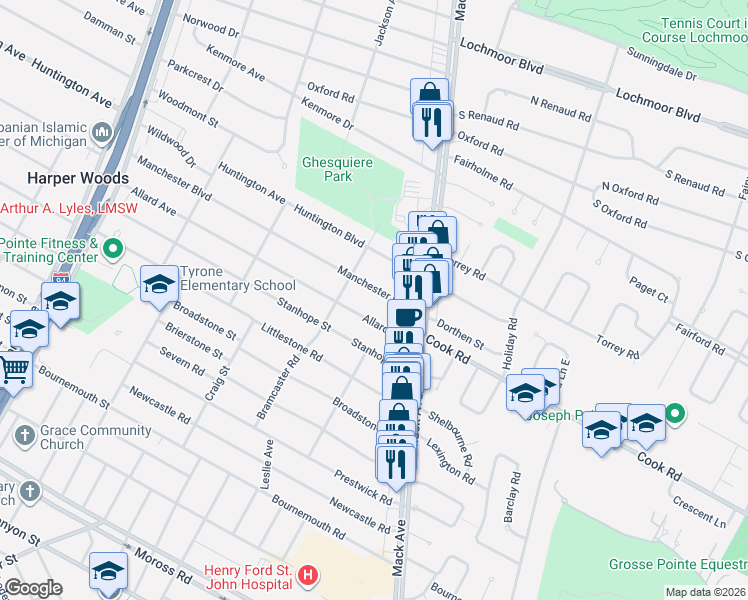 map of restaurants, bars, coffee shops, grocery stores, and more near 1751 Manchester Boulevard in Grosse Pointe Woods