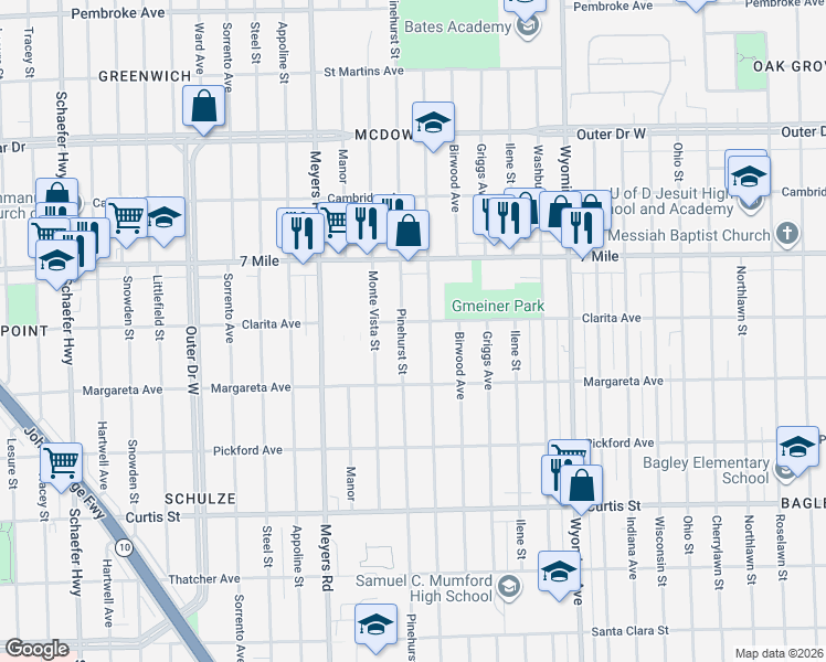 map of restaurants, bars, coffee shops, grocery stores, and more near 18690 Pinehurst Avenue in Detroit