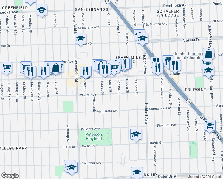 map of restaurants, bars, coffee shops, grocery stores, and more near 18910 Coyle Street in Detroit