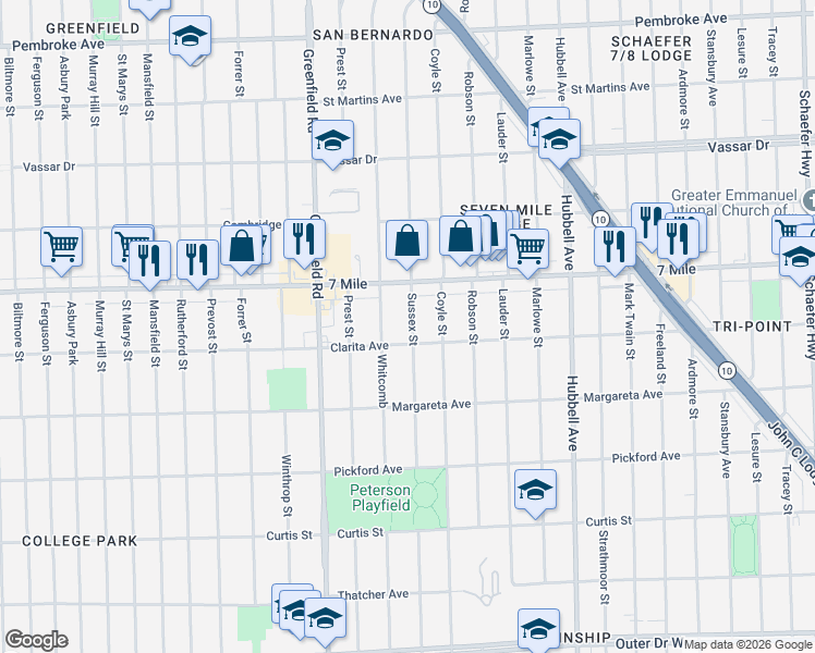 map of restaurants, bars, coffee shops, grocery stores, and more near 18912 Sussex Street in Detroit