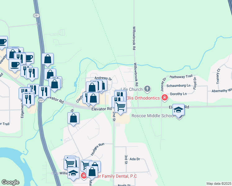 map of restaurants, bars, coffee shops, grocery stores, and more near 5698 Andrews Drive in Roscoe