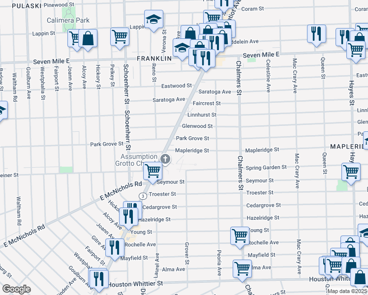 map of restaurants, bars, coffee shops, grocery stores, and more near 13971 Mapleridge Street in Detroit