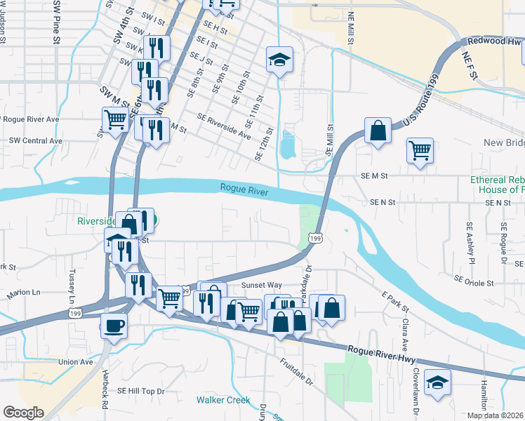 map of restaurants, bars, coffee shops, grocery stores, and more near 1104 Acacia Ln in Grants Pass