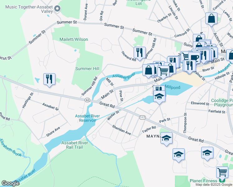 map of restaurants, bars, coffee shops, grocery stores, and more near 9 Pine Street in Maynard