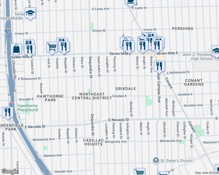 map of restaurants, bars, coffee shops, grocery stores, and more near 18562 Lumpkin Street in Detroit