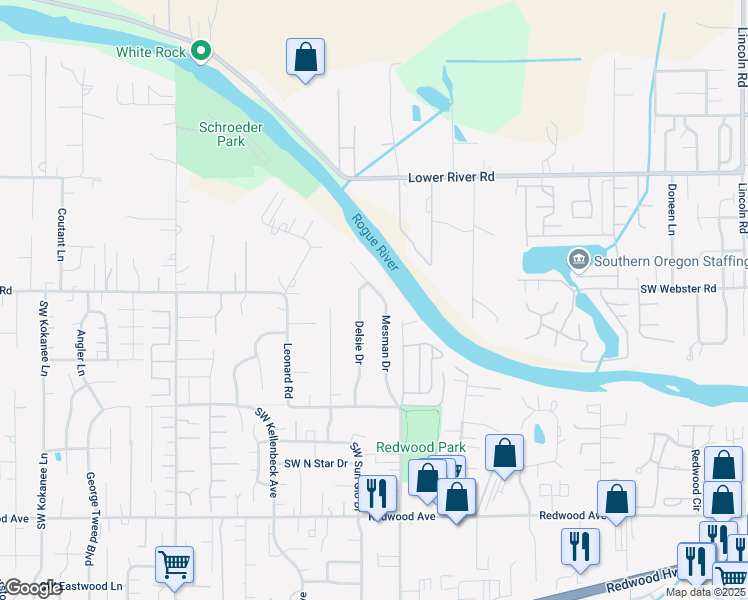 map of restaurants, bars, coffee shops, grocery stores, and more near 960 Mesman Drive in Grants Pass