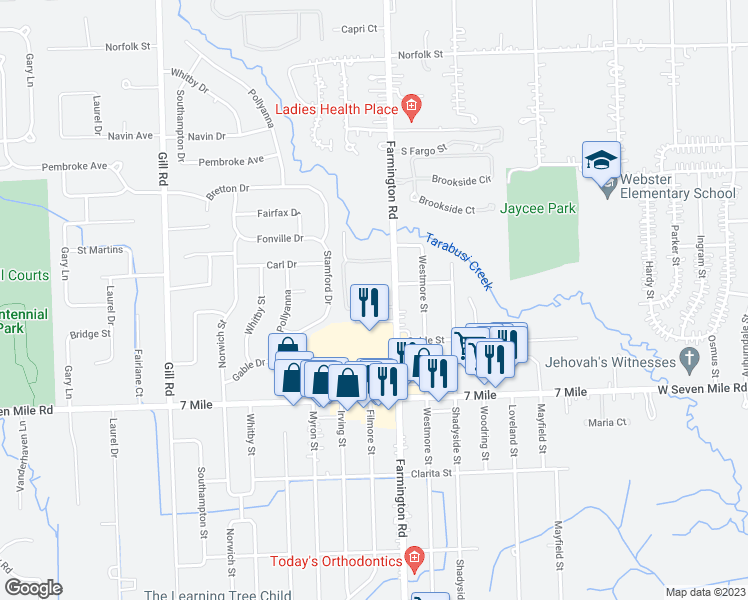map of restaurants, bars, coffee shops, grocery stores, and more near 19423 Farmington Road in Livonia
