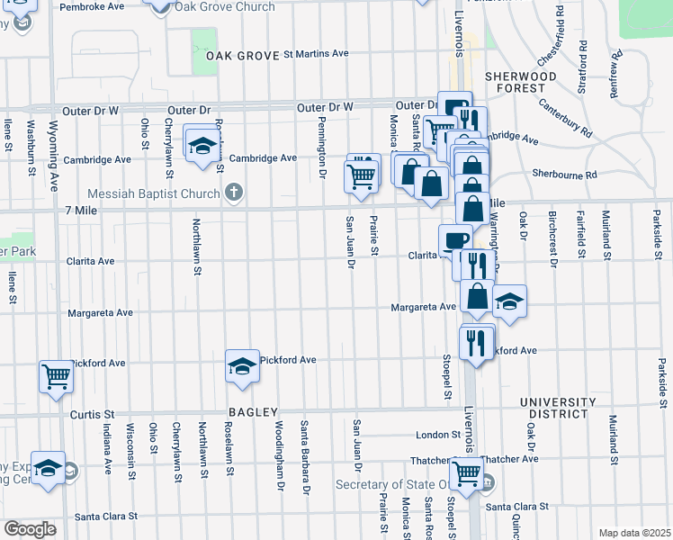 map of restaurants, bars, coffee shops, grocery stores, and more near 18674 Pennington Drive in Detroit