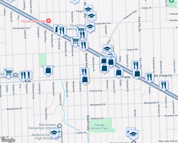 map of restaurants, bars, coffee shops, grocery stores, and more near 19162 Beech Daly in Redford Charter Township
