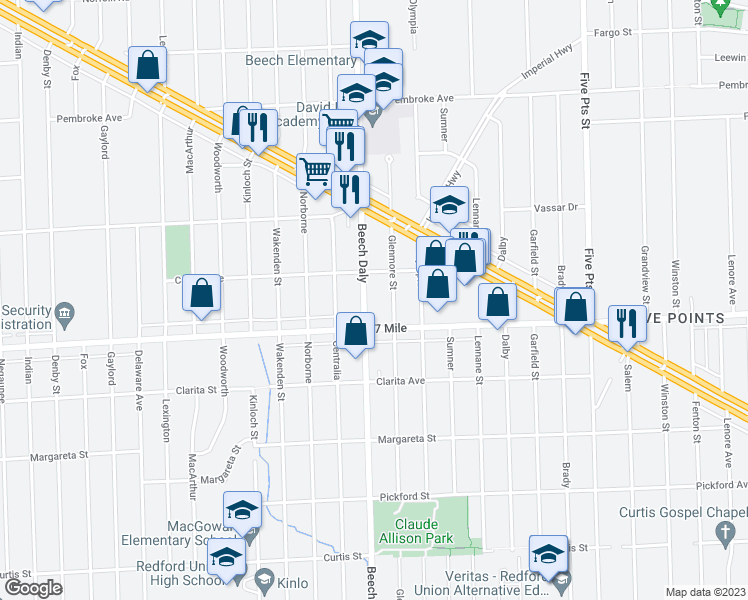 map of restaurants, bars, coffee shops, grocery stores, and more near 19162 Beech-Daly Road in Redford Charter Township