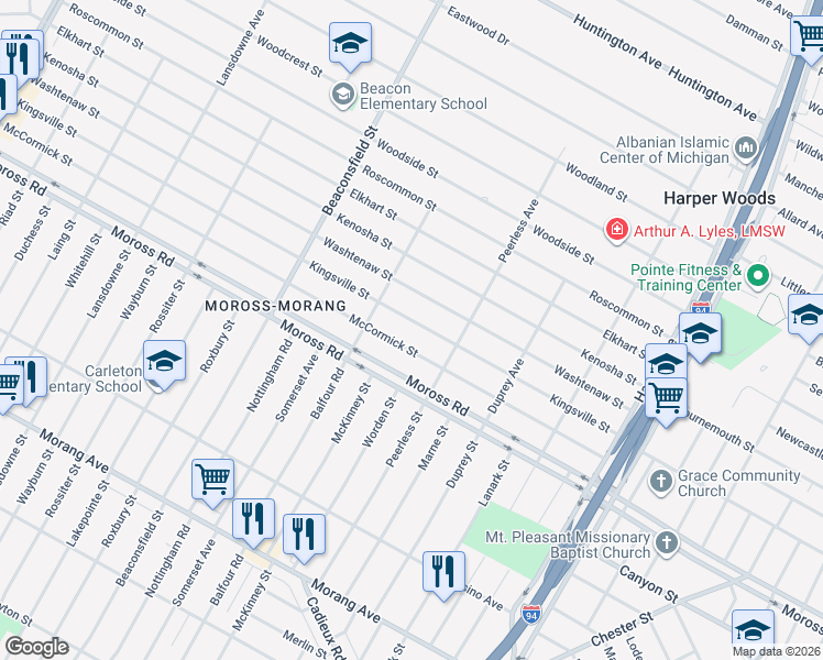 map of restaurants, bars, coffee shops, grocery stores, and more near 19967 McCormick Street in Detroit