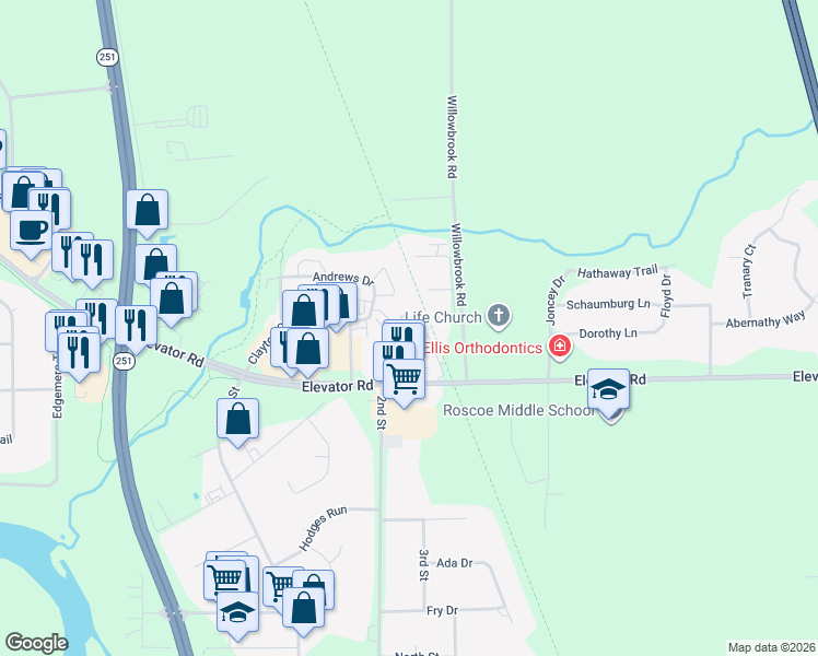 map of restaurants, bars, coffee shops, grocery stores, and more near 5698 Andrews Drive in Roscoe