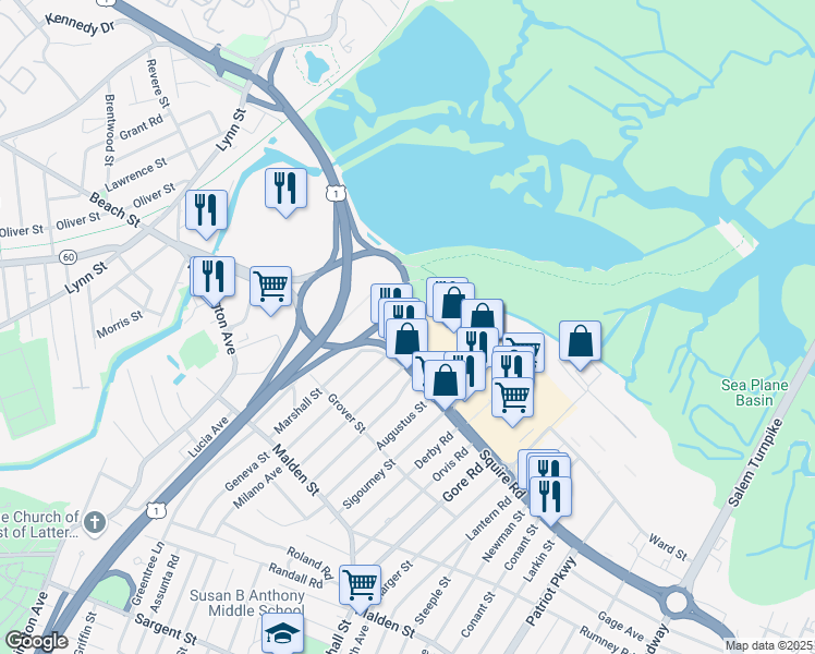 map of restaurants, bars, coffee shops, grocery stores, and more near 407 Massachusetts 60 in Revere