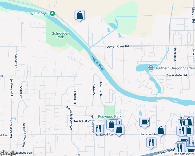 map of restaurants, bars, coffee shops, grocery stores, and more near 960 Mesman Drive in Grants Pass