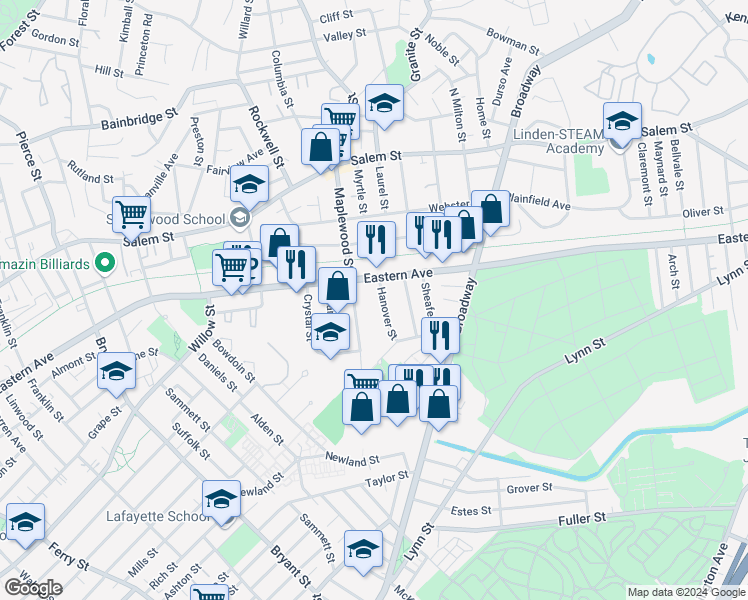 map of restaurants, bars, coffee shops, grocery stores, and more near 29 Hanover Street in Malden
