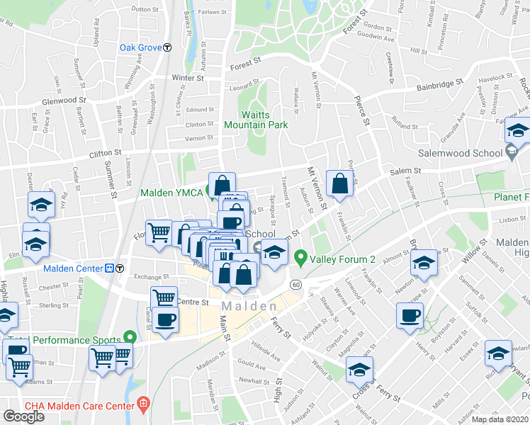 map of restaurants, bars, coffee shops, grocery stores, and more near 43 Park Street in Malden