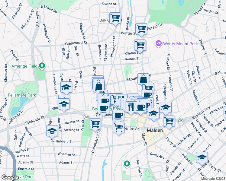 map of restaurants, bars, coffee shops, grocery stores, and more near 54 Washington Street in Malden