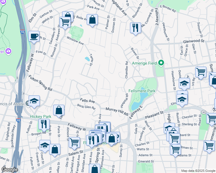 map of restaurants, bars, coffee shops, grocery stores, and more near 99 Grover Road in Medford
