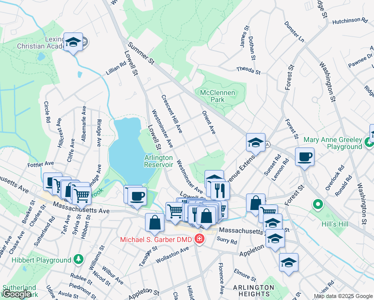 map of restaurants, bars, coffee shops, grocery stores, and more near 22 Crescent Hill Avenue in Arlington