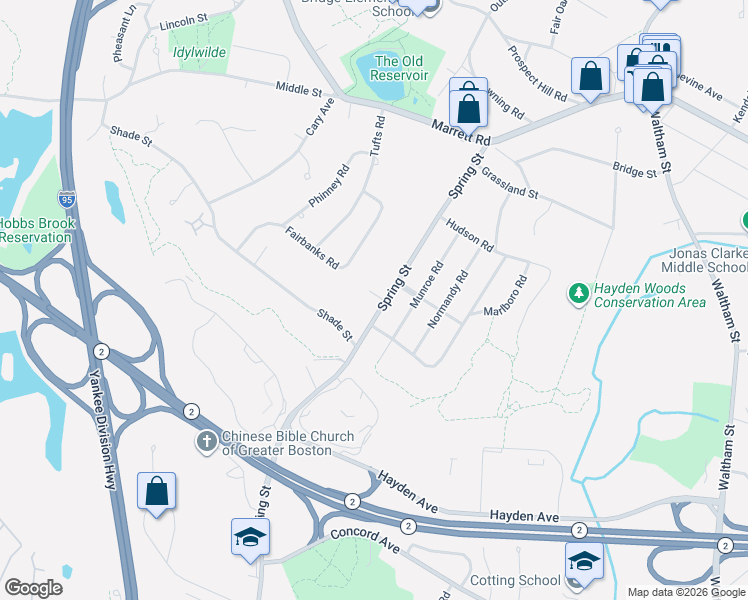 map of restaurants, bars, coffee shops, grocery stores, and more near 95 Spring Street in Lexington
