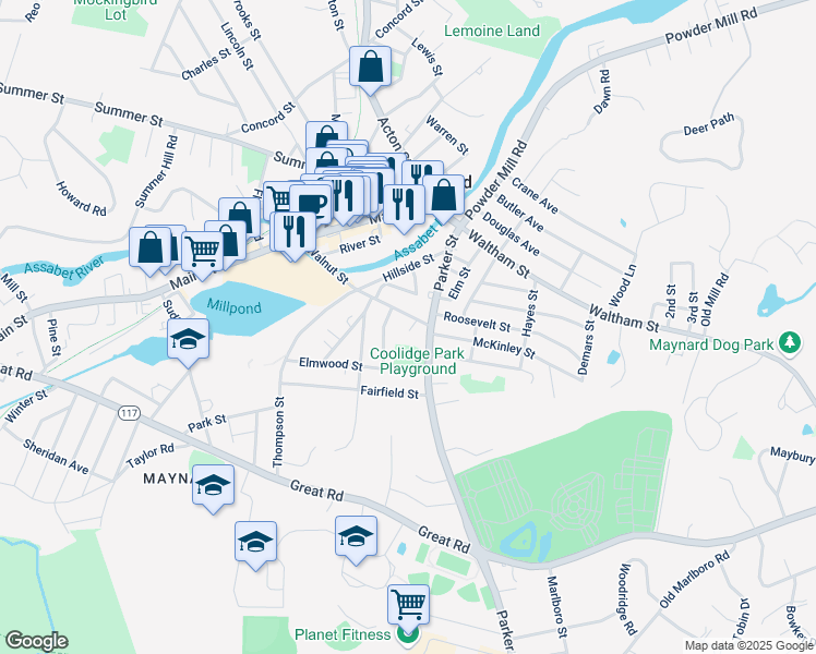 map of restaurants, bars, coffee shops, grocery stores, and more near 2 School Street in Maynard