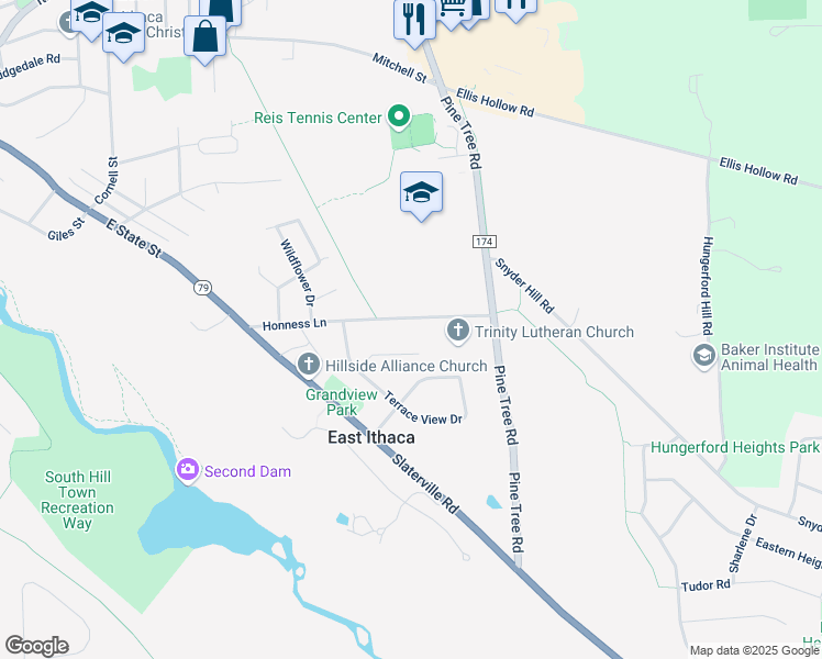 map of restaurants, bars, coffee shops, grocery stores, and more near 322 Sunny View Lane in Ithaca