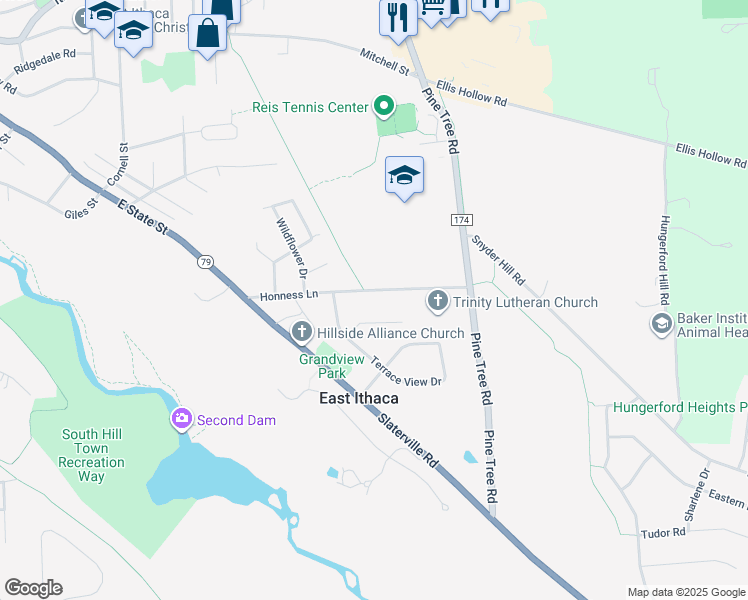 map of restaurants, bars, coffee shops, grocery stores, and more near 306 Sunny View Lane in Ithaca