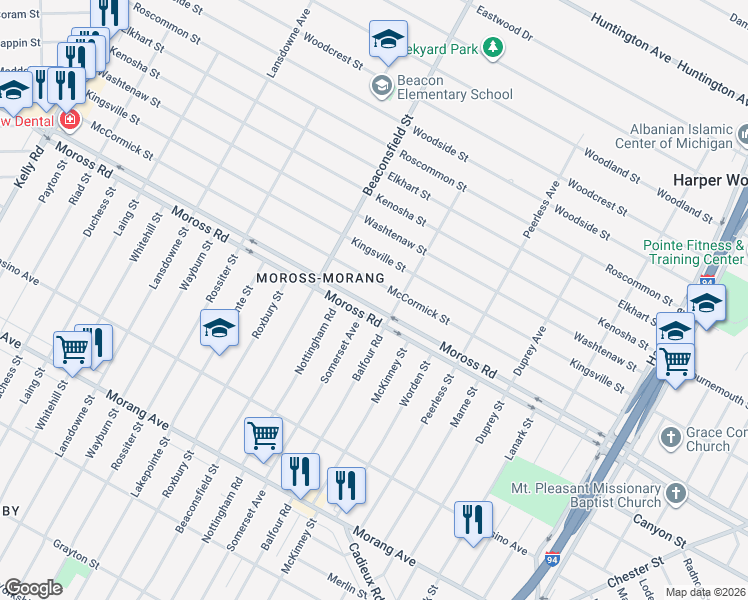 map of restaurants, bars, coffee shops, grocery stores, and more near 19803 Moross Road in Detroit