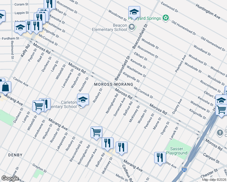 map of restaurants, bars, coffee shops, grocery stores, and more near 11757 Nottingham Road in Detroit