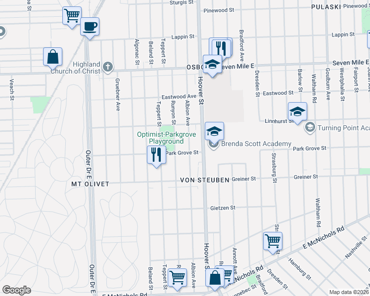 map of restaurants, bars, coffee shops, grocery stores, and more near 18110 Albion Avenue in Detroit