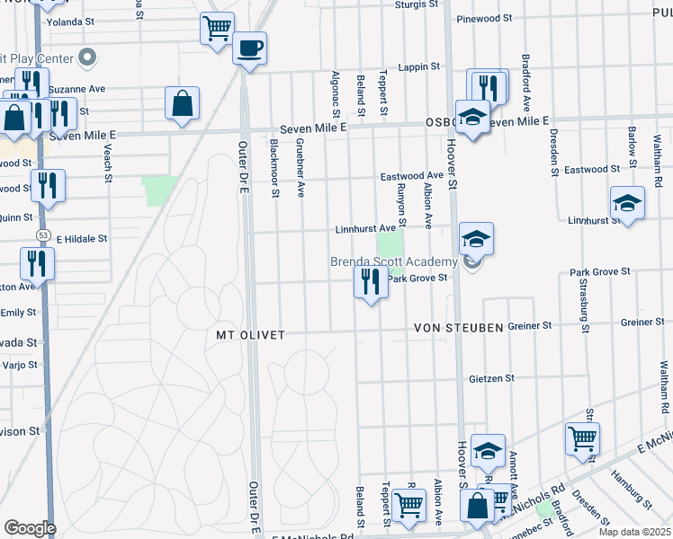 map of restaurants, bars, coffee shops, grocery stores, and more near 18408 Algonac Street in Detroit