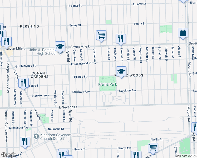 map of restaurants, bars, coffee shops, grocery stores, and more near 18480 Justine Street in Detroit