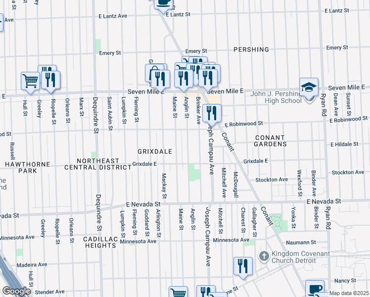 map of restaurants, bars, coffee shops, grocery stores, and more near 18546 Anglin Street in Detroit