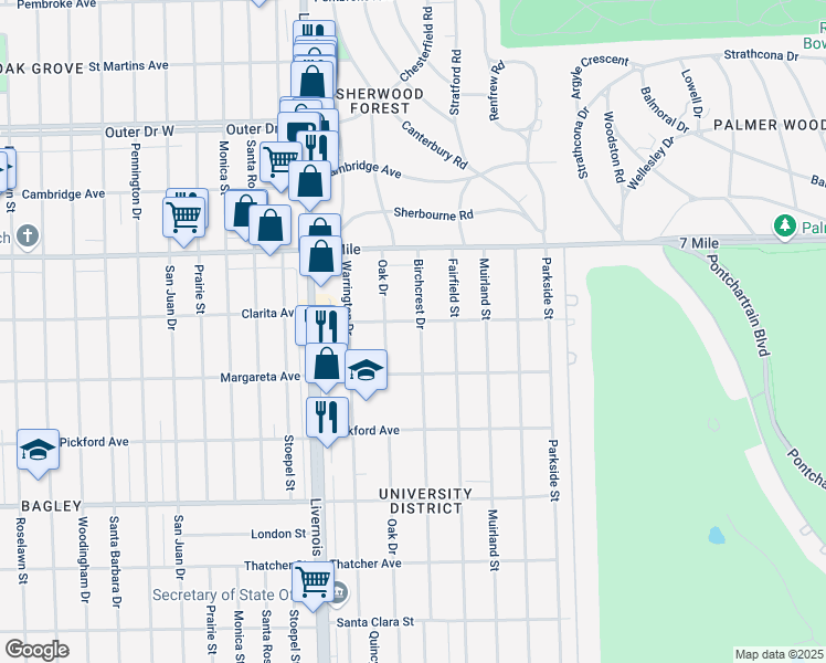 map of restaurants, bars, coffee shops, grocery stores, and more near 18667 Birchcrest Drive in Detroit