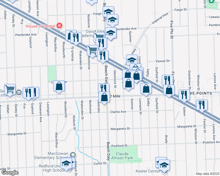 map of restaurants, bars, coffee shops, grocery stores, and more near 19150 Beech Daly in Redford Charter Township