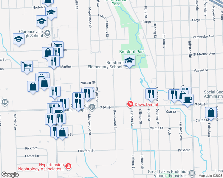 map of restaurants, bars, coffee shops, grocery stores, and more near 19325 Brentwood Street in Livonia