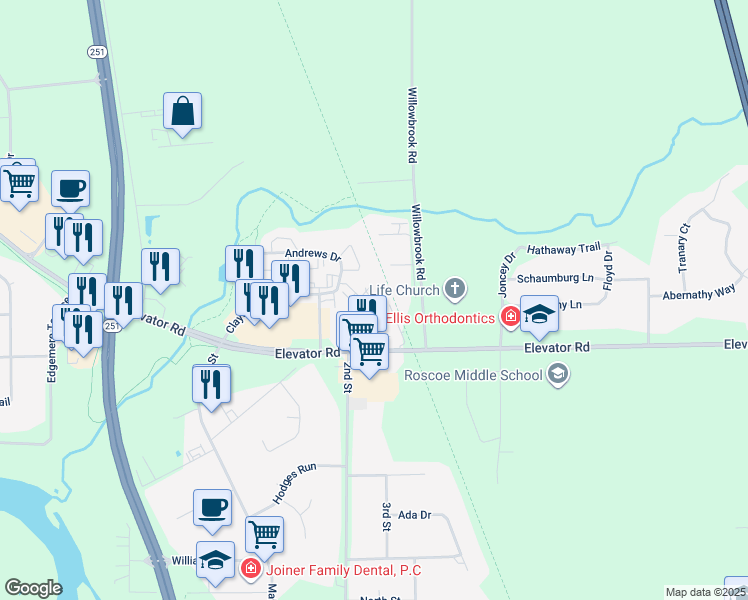 map of restaurants, bars, coffee shops, grocery stores, and more near 5698 Andrews Drive in Roscoe