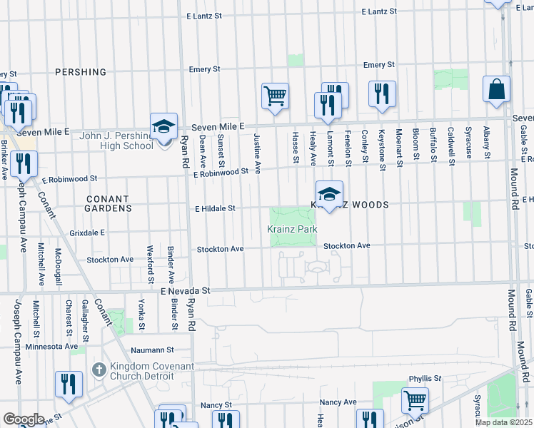 map of restaurants, bars, coffee shops, grocery stores, and more near 18480 Justine Street in Detroit