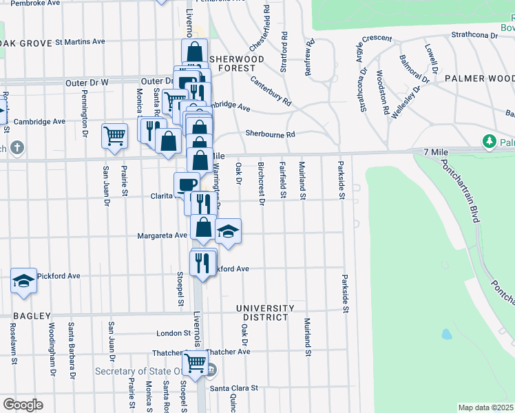map of restaurants, bars, coffee shops, grocery stores, and more near 18667 Birchcrest Drive in Detroit