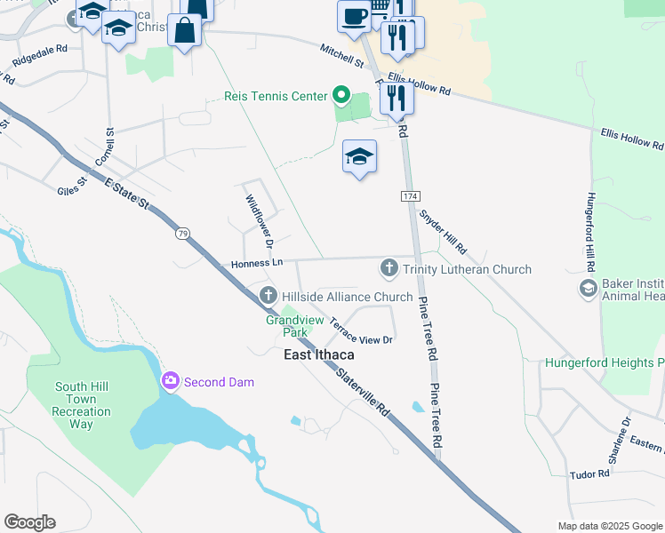 map of restaurants, bars, coffee shops, grocery stores, and more near 306 Sunny View Lane in Ithaca
