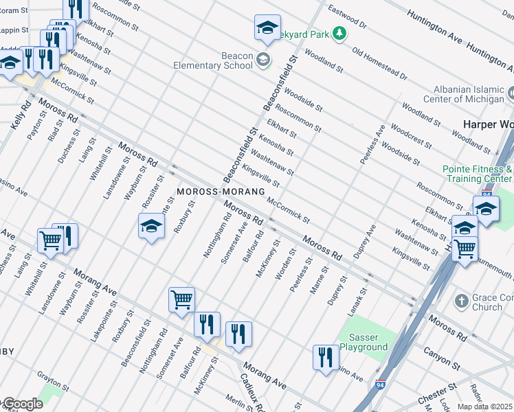 map of restaurants, bars, coffee shops, grocery stores, and more near 19803 Moross Road in Detroit
