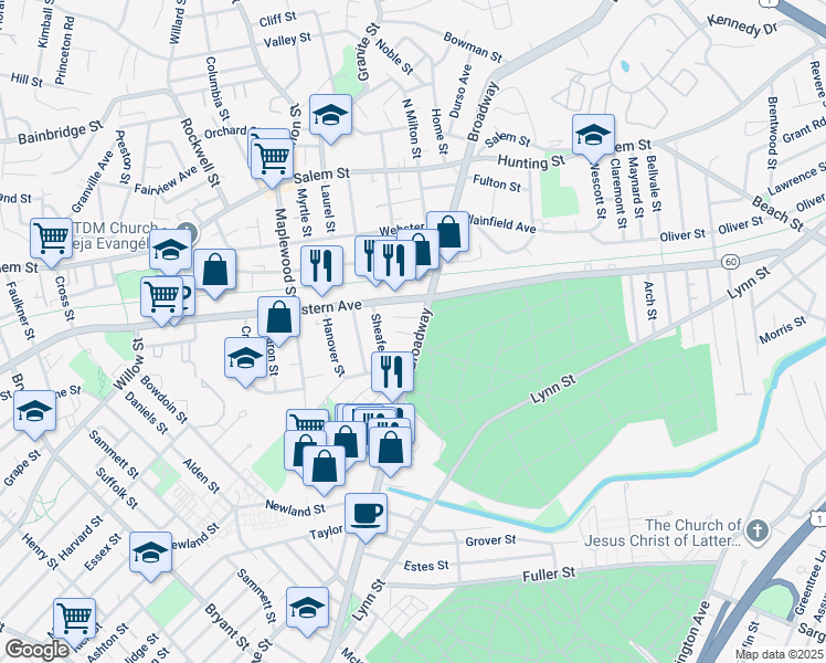 map of restaurants, bars, coffee shops, grocery stores, and more near 16 Byron Street in Malden