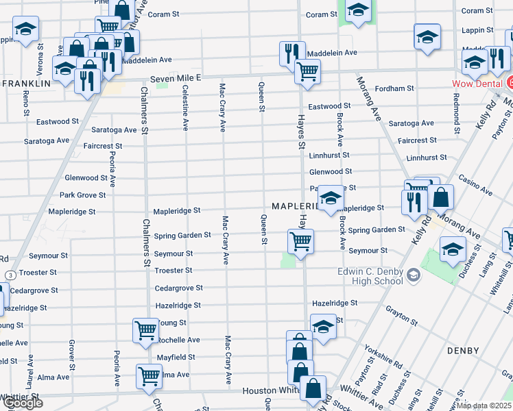 map of restaurants, bars, coffee shops, grocery stores, and more near 14901 Mapleridge Street in Detroit